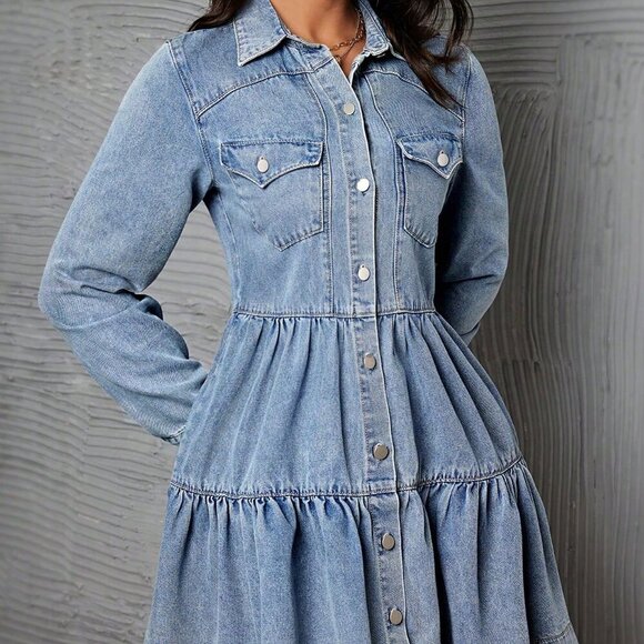 Light Wash Casual Women's long sleeved Waist-Cinching Denim Mini Dress - Picture 3 of 5